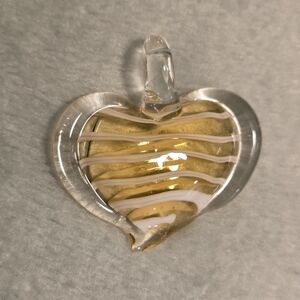 💛 Handblown Glass Heart Pendant ~ Golden & White Swirl Artisan Necklace Charm